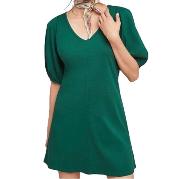 Velvet for Anthropologie Green Front-Seamed Statement Puff Sleeve Dress Size XS - Picture 1 of 10